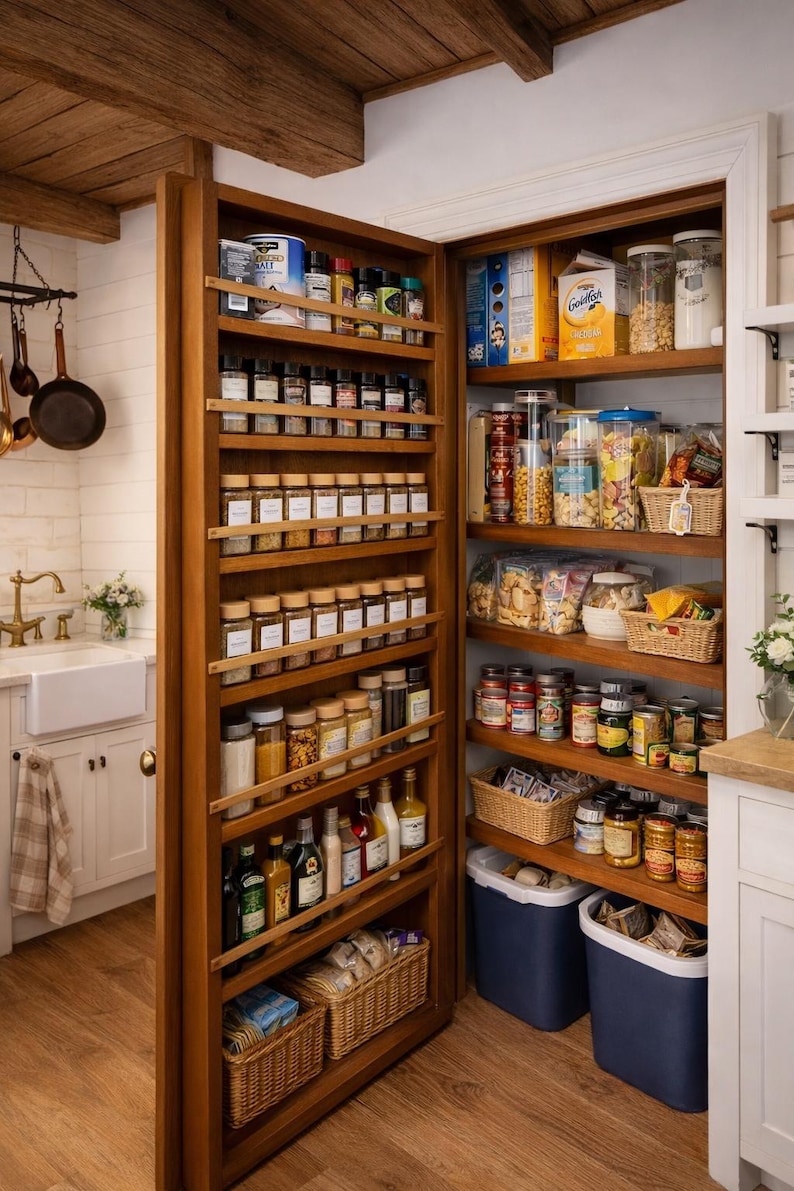May include: A wooden pantry with shelves filled with various spices, jars, and baskets. The pantry door is open, revealing a well-organized storage space for kitchen essentials. The shelves are stocked with a variety of food items, including canned goods, snacks, and condiments.