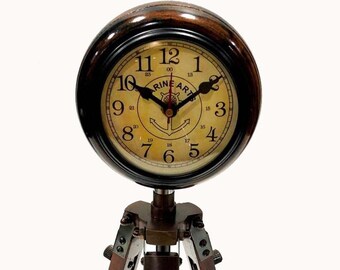 Brass Clock With Adjustable Wooden Tripod Stand Vintage Home Decorative Item 
