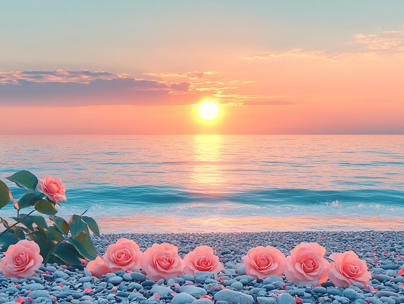 Sunset Pattern Roses Pink Roses in Front of A Pretty Sunset, Printable Wall Art ...