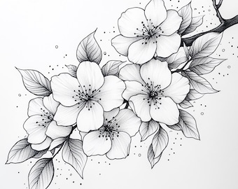 Black & White Japanese Cherry Blossoms Drawing - Dotwork Tattoo-Inspired Art, Large Flowers, Minimalist Floral Decor