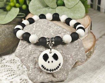 Jack Skellington Inspired Halloween Bracelet | Skeleton Charms | Black & White Beads