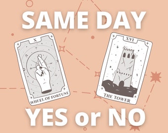 Può includere: Due carte dei tarocchi, la Ruota della Fortuna e La Torre, su uno sfondo pesca con una costellazione di stelle. Il testo "SAME DAY YES or NO" è sotto le carte.
