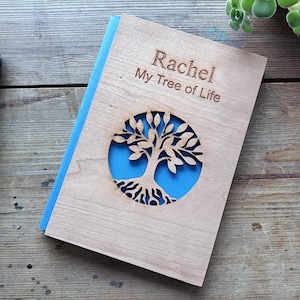 Tree of Life Wooden Notebook – Custom Engraved A5 Journal – Handmade Wood Cover, 90 Pages