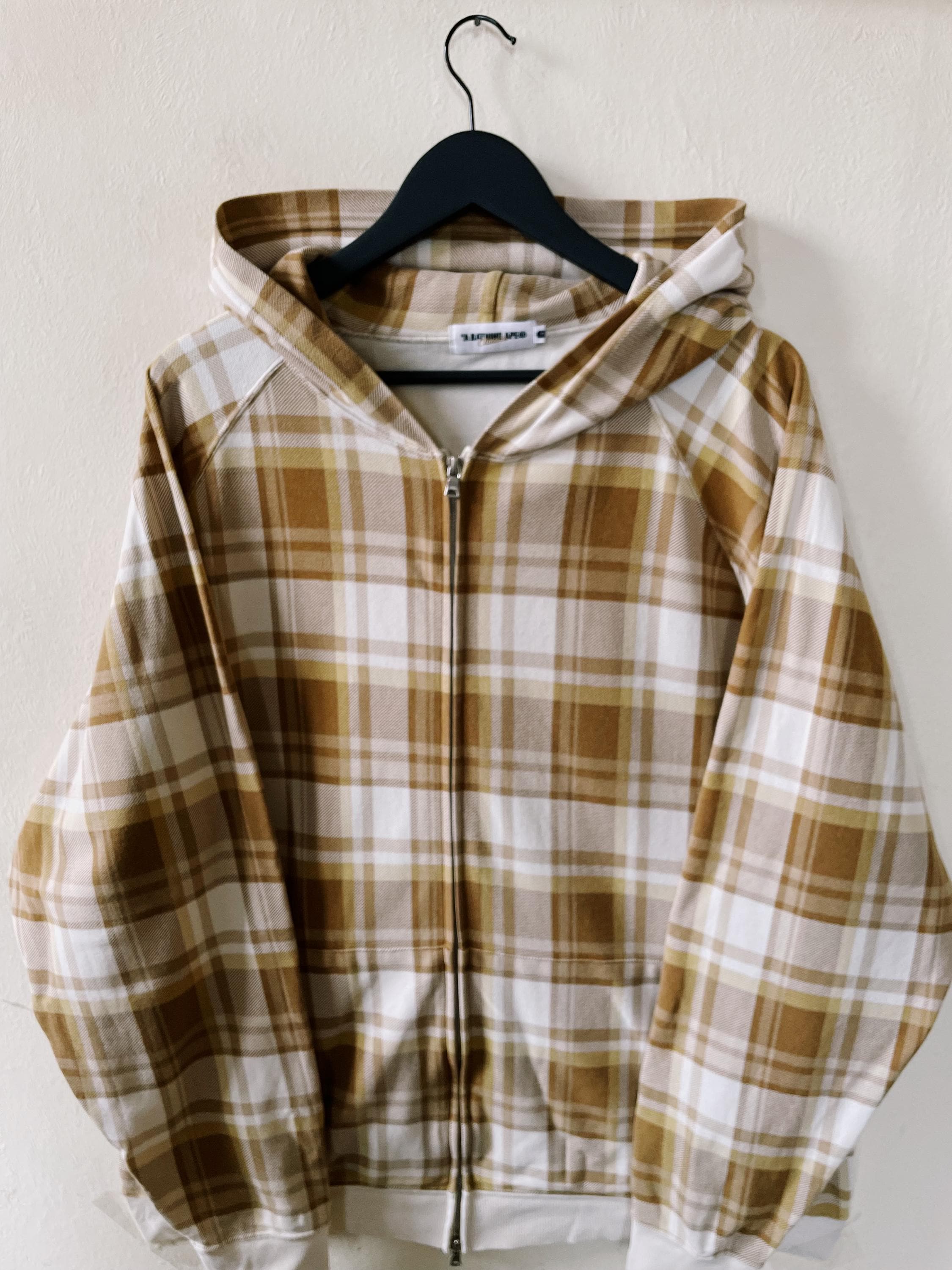 Vintage Y2K Bape A Bathing Ape Plaid Check Zip Hoodie Beige