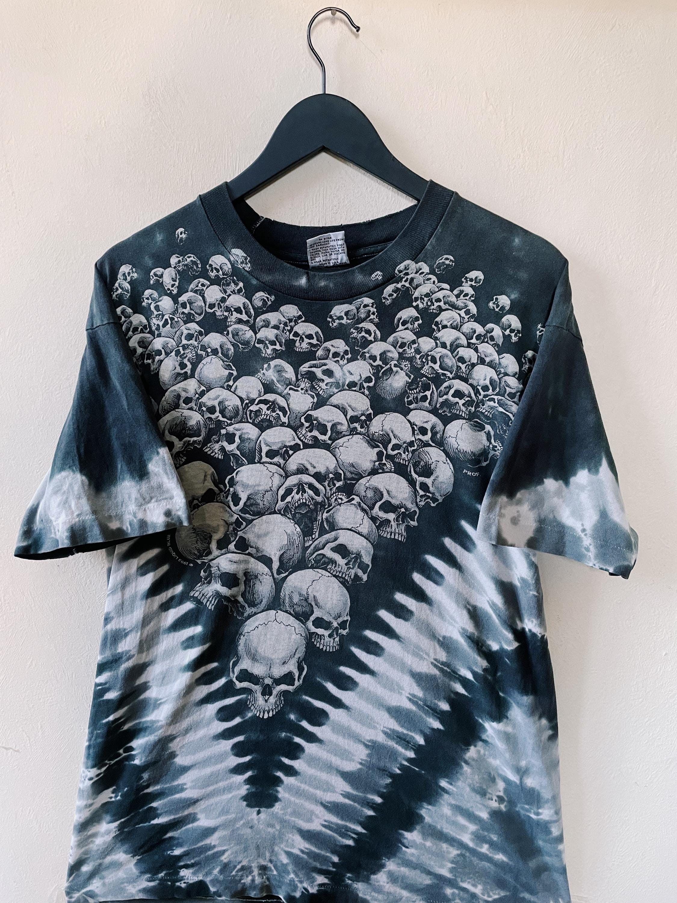 vintage an・an no.5 Vintage 1998 Liquid Blue Skull Pile Tie Dye T-shirt Blue / Gray