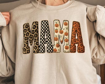 Fall Mama PNG, Halloween Patchwork Letters Clipart, Pumpkin Leopard Checkered Sublimation, Cozy Autumn Shirt