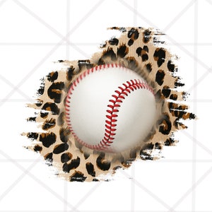 May include: A white baseball with red stitching is centered on a brown and black leopard print background with a distressed, paint-splattered effect.
