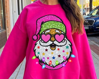 Kerstman met zonnebril funky PNG Kerst PNG Leuk kerstshirt Digitaal ontwerp Vrolijke sprankelende glitter kerstverlichting Roze kerstman PNG