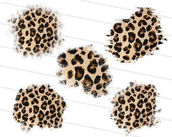 May include: Five abstract leopard print shapes in brown, tan, and black on a white background.