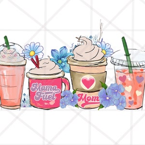 Könnte beinhalten: Illustration von vier Getränken: ein rosa Eisgetränk mit Streuseln, eine rosa Tasse mit dem Text "Mama Fuel", eine Kaffeetasse mit einem Herz und ein klares Getränk mit Herzen. Blaue und weiße Blumen umgeben die Getränke.