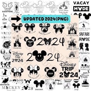May include: A collection of black and white Disney-themed graphics, including Mickey Mouse silhouettes, castle illustrations, and text elements like "Disney Trip 2024" and "Happiest Place on Earth." The designs are suitable for various crafts.