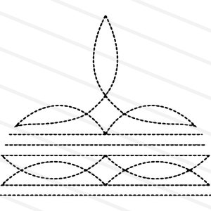 May include: A black and white line drawing of a stylized geometric design with a pointed top and a series of curved lines.