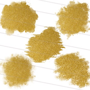 May include: Five gold glitter paint splatters on a white background. The splatters are different sizes and shapes.