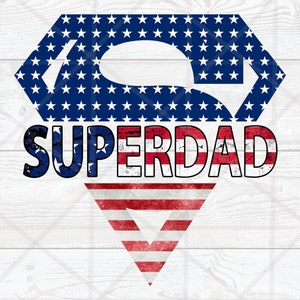 May include: A red, white, and blue American flag design in the shape of a superhero logo with the word "SUPERDAD" in bold, black letters.