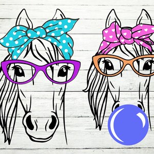 May include: Two cartoon horse illustrations with black outlines. The horse on the left has a turquoise and white polka dot bandana and purple glasses. The horse on the right has a pink and white polka dot bandana, orange glasses, and a blue bubble.