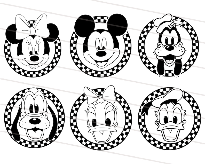 May include: Black and white illustrations of Mickey Mouse, Minnie Mouse, Donald Duck, Goofy, and Pluto. Each character is framed in a circle with a black and white checkered border.