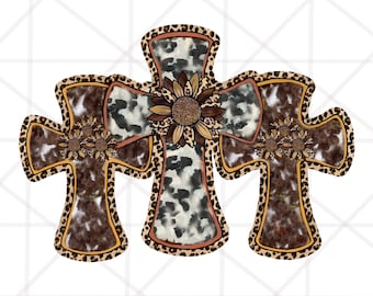 2 Design Western Leopard Gemstone Sunflower Cross Png Sublimation Design Downloads, Cowhide Cross SVG, Western Cross Png, Cross SVG