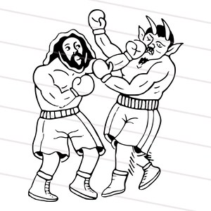 May include: A black and white line drawing of two boxers facing each other in a boxing ring. One boxer is wearing a hooded robe and the other is wearing boxing shorts with horns. Both boxers are wearing boxing gloves.