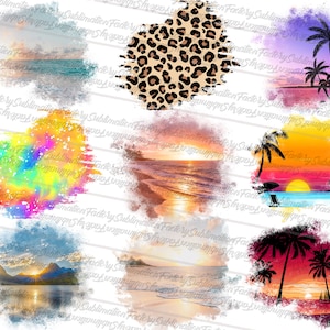 May include: Nine digital designs with diverse themes. They include a leopard print, ocean scenes, sunsets, palm trees, and colourful abstract backgrounds. Each design is set against a textured, watercolour-style background.