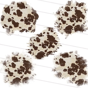 May include: Five brown and white cowhide print digital paper textures with a distressed, faded look. The textures are in the shape of irregular circles.