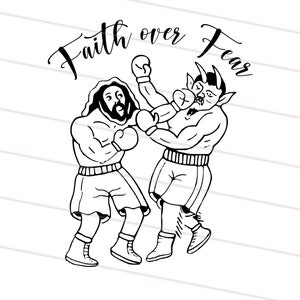 Könnte beinhalten: Schwarz-weiß-Illustration von zwei Boxfiguren. Eine Figur trägt eine Dornenkrone und die andere hat Hörner. Der Text "Faith over Fear" steht über den Figuren.