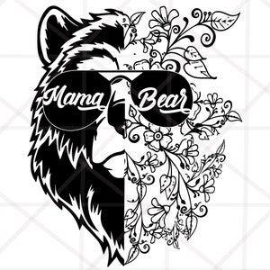 Mama Bear Half Bear Half Flowers Vinyl Design PNG SVG, Hand Drawn Mama Bear Sunglasses, Mommy SVG, Mom To Be Cut file, Bear Mama Svg