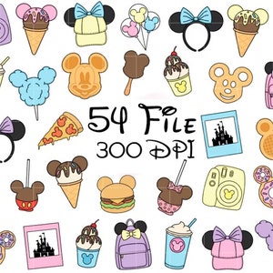 Puede incluir: Una colección de ilustraciones de dibujos animados coloridos con temas de Mickey Mouse. Incluye conos de helado, gofres, donuts, una mochila, una cámara y una porción de pizza. También está presente el texto "54 File 300 DPI".