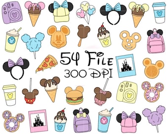 May include: A collection of colorful cartoon illustrations featuring Mickey Mouse-themed items. Includes ice cream cones, waffles, donuts, a backpack, a camera, and a slice of pizza. The text "54 File 300 DPI" is also present.