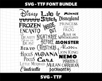 Cartoon Font Bundle SVG TTF Cricut Cutting Invitation Christmas Princess Stitch Moana Fonts Cursive Frozen Cars Nemo Download Digital File