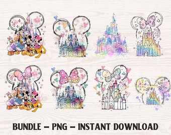 Bundle Watercolor Castle Png, Mouse Ear Castle Png, Retro Colorful Castle Png, Sublimation Design Png, Magic Kingdom Png, Instant Download