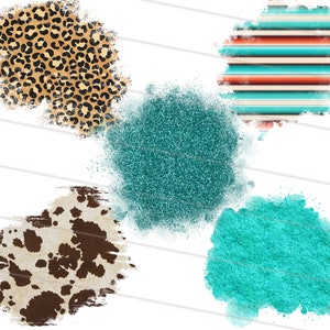 May include: Digital clipart set featuring four different patterns: teal glitter, turquoise watercolor, brown and white cow print, and orange and blue striped pattern.