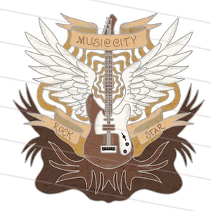 May include: A brown and white electric guitar with wings and a banner that says "Music City" and another banner that says "Rock Star".
