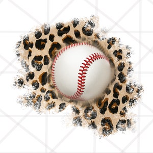 May include: A white baseball with red stitching is surrounded by a brown and black leopard print pattern.