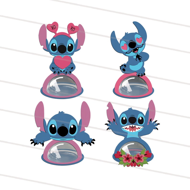 Pu&ograve; includere: Quattro diversi design di Stitch, un personaggio alieno blu del film Disney Lilo & Stitch, in una cupola rosa e bianca. Il primo Stitch tiene un cuore rosa e ha "XO" sulle orecchie. Il secondo Stitch ha cuori per occhi e sta alzando le mani. Il terzo Stitch sta guardando lo spettatore con un grande sorriso. Il quarto Stitch sta tenendo un mazzo di fiori rosa.