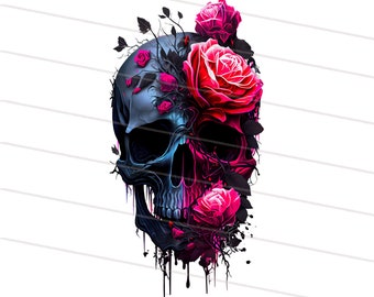 Crâne avec roses PNG | Conception de sublimation du crâne | Crâne à la mode PNG | Jour des Morts | Illustration de crâne dessinée à la main PNG | Numérique