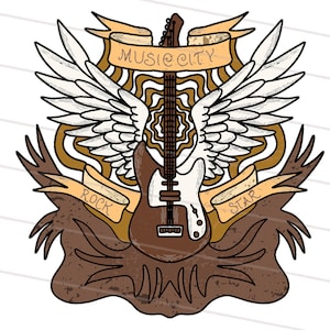 May include: A brown and white electric guitar with wings and a banner that says "Music City" on it. The guitar is surrounded by a brown and gold design with the words "Rock" and "Star" on banners.