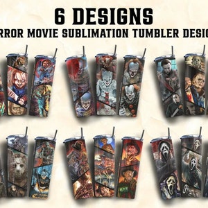 Bundle Horror Characters 20oz Skinny Straight & Tapered Designs, Horror Movie Tumbler Designs, Cartoon Character Tumbler Wrap PNG
