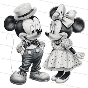 Digital Mickey & Minnie Mouse Black and White Cartoon Character, PNG, Sublimation, sticker, Print then Cut, Image