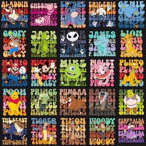 Pode incluir: Uma cole&ccedil;&atilde;o de designs gr&aacute;ficos coloridos com v&aacute;rios personagens de desenhos animados e seus nomes. Os designs incluem personagens como Aladdin, Cheshire Cat, Eeyore, Eric, G&ecirc;nio, Pateta, Jack Skellington e Le&atilde;o.