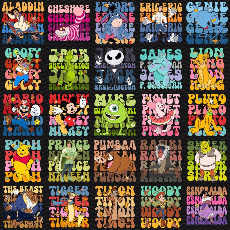 Pode incluir: Uma cole&ccedil;&atilde;o de designs gr&aacute;ficos coloridos com v&aacute;rios personagens de desenhos animados e seus nomes. Os designs incluem personagens como Aladdin, Cheshire Cat, Eeyore, Eric, G&ecirc;nio, Pateta, Jack Skellington e Le&atilde;o.