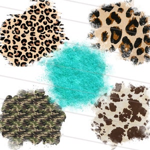 May include: Four digital paper textures in a watercolour style. The textures are leopard print, turquoise, camouflage and cow print.