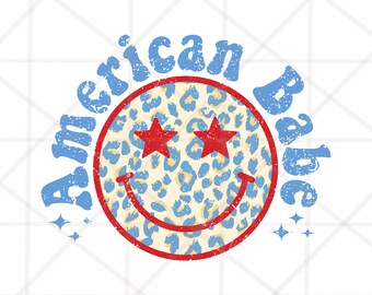 American Babe Png, Retro Png, 4th of July Png, Happy Face Png, Leopard Print Png, Vintage Groovy Smiley Face, Sublimate Design Download