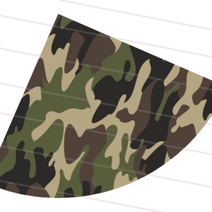 May include: A camouflage pattern in shades of green, brown, and beige. The pattern is in the shape of a wedge.