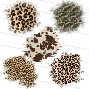 以下が含まれることがあります： かすれた水彩画のような効果のあるデジタルペーパーデザイン5つ。デザインには、レオパード柄、牛柄、カモフラージュ柄が含まれています。