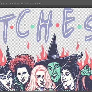 May include: Illustration featuring the word "WITCHES" in a stylized font, with a design reminiscent of the TV show "Friends." Below the text are illustrations of several iconic witches, with flames in the background. The artwork is in a cartoon style.