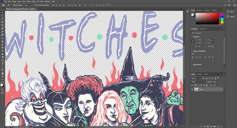 May include: Illustration featuring the word "WITCHES" in a stylized font, with a design reminiscent of the TV show "Friends." Below the text are illustrations of several iconic witches, with flames in the background. The artwork is in a cartoon style.