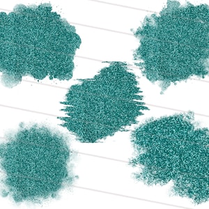 May include: Five teal glitter watercolor paint splatters on a white background. The splatters are different sizes and shapes.