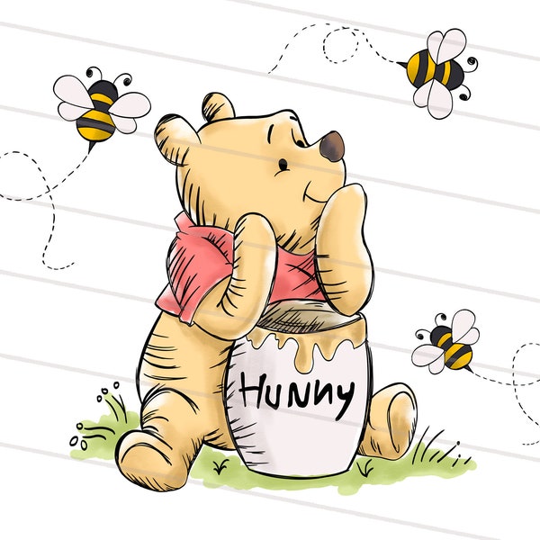 Honey Bear Acuarela Digital Clipart, Oso con Honey Pot Png, Honey Bear Png, Cartoon Bear Png, Sublimación de abeja de miel, Descarga instantánea