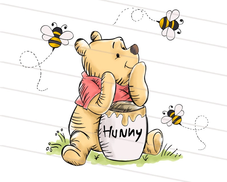 May include: A cartoon illustration of Winnie the Pooh, a yellow bear, sitting with a jar of honey that says "Hunny" on it. There are three cartoon bees flying around him.