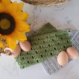 May include: Two crocheted dishcloths, one green and one gray, with four brown eggs on top. The dishcloths are made with a simple stitch pattern and have a textured look.